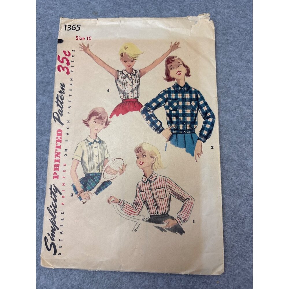 Simplicity Vintage Sewing Pattern 1365 Size 10 Printed Shirt Blouse 1950s